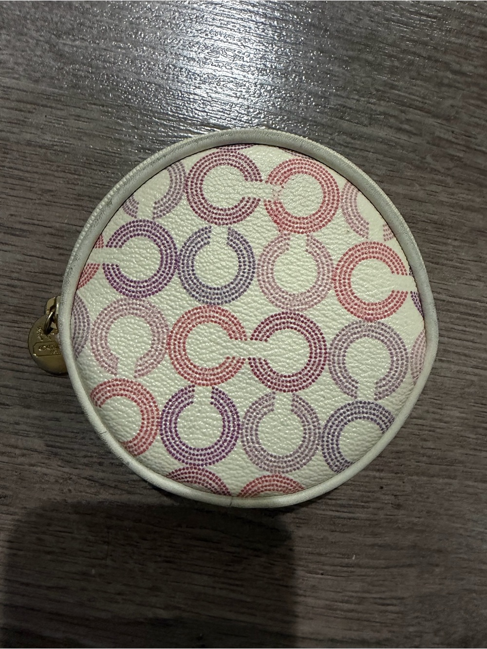 Women’s Round Cosmetic Pouch in Cream with Pink & Purple Pattern